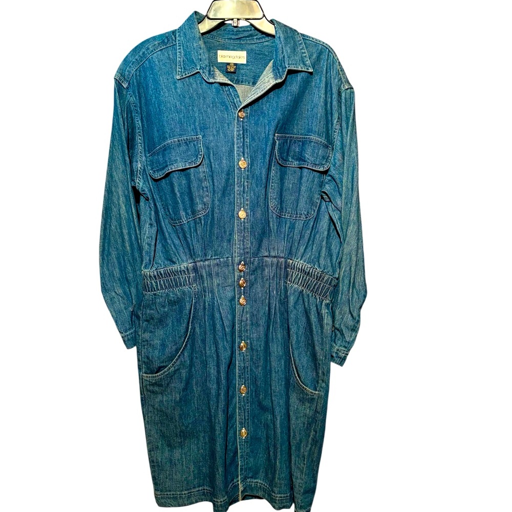 Vintage Bloomingdales Denim Dress Long Sleeve 14 Large Pockets USA